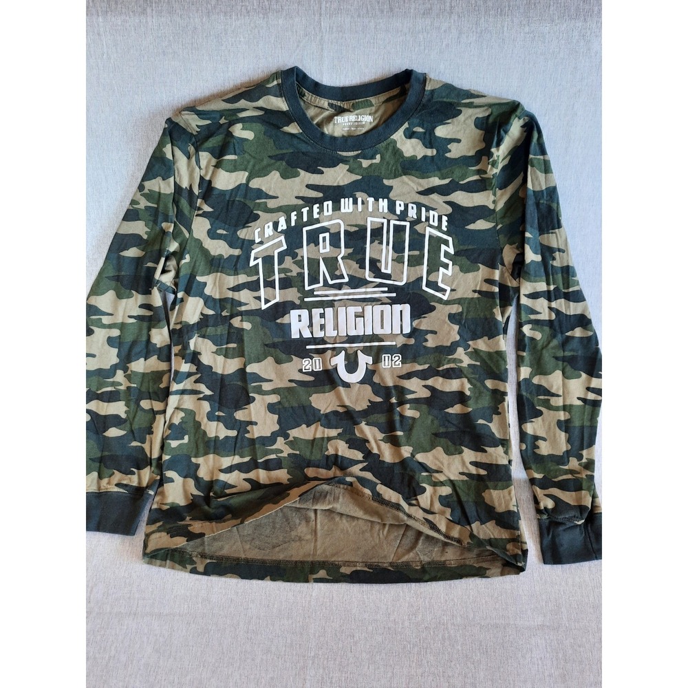 True Religion Men's XL Art Logo Camouflage Military Green T-Shirt Long Sleeve